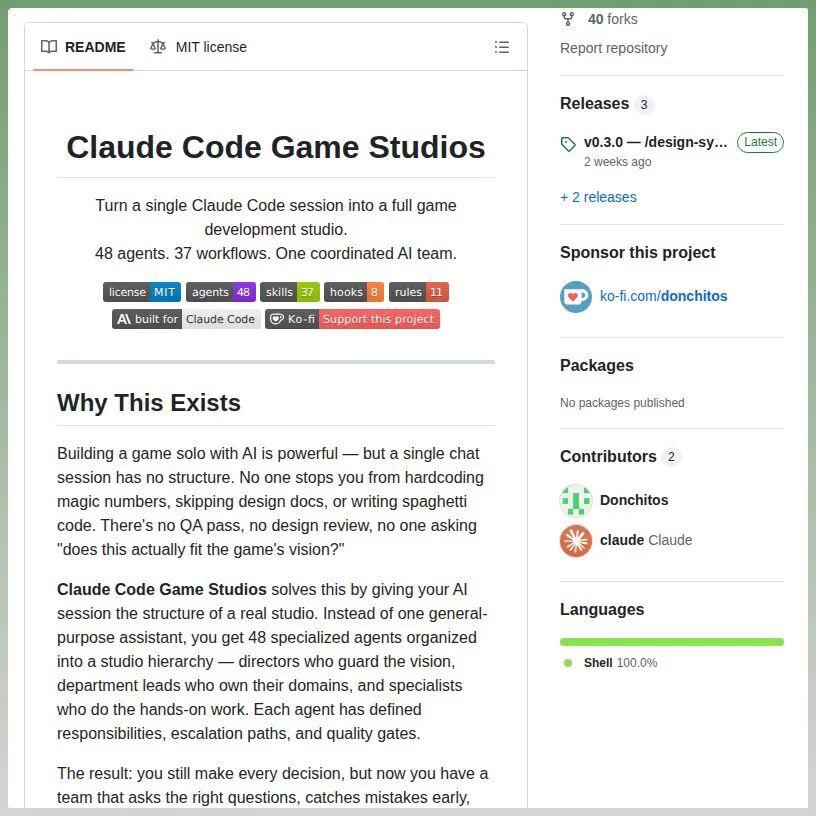 有大神把Claude Code做成了完整的游戏开发工作室，足足用了48个AI智能体，还配上了工作室管理架构
