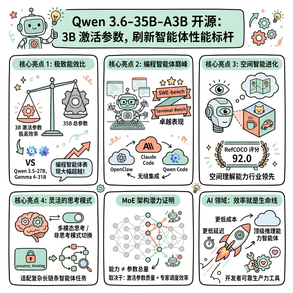 Qwen 3.6-35B-A3B 开源：3B 激活参数，刷新智能体性能标杆